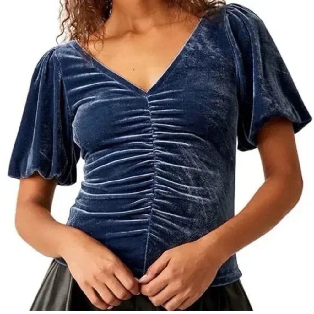 Free People Midnight Blue Ruched Velvet Top - Picture 8 of 8